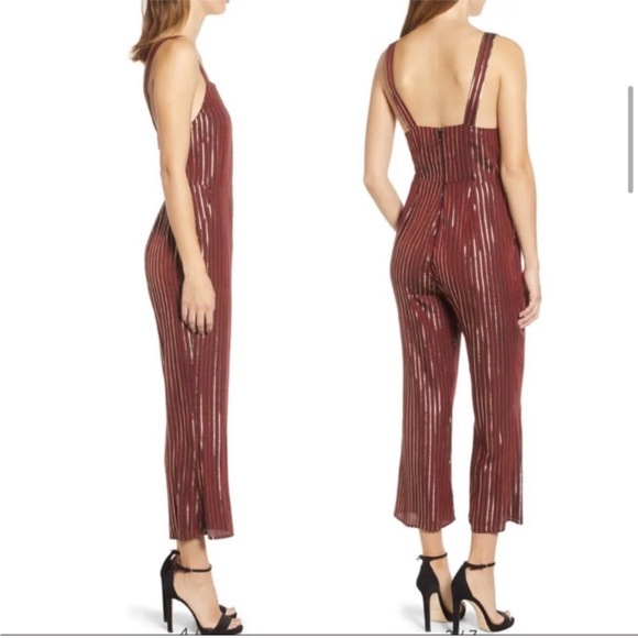 Show Me Your Mumu, Yvonne Metallic Red Stripe Metallic Overall Jumpsuit Size L - Picture 3 of 11